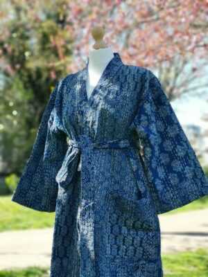 Kantha Cotton Long Ajrakh Reversible Kimono in Indigo Patch - Image 2