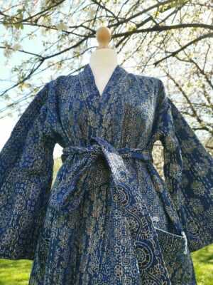 Kantha Cotton Long Ajrakh Reversible Kimono in Indigo Patch - Image 3