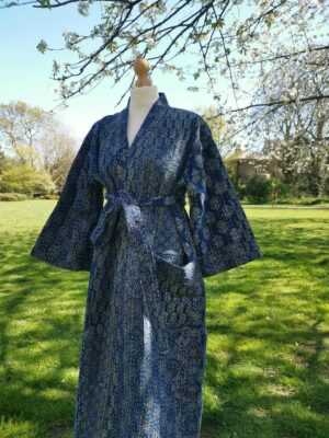 Kantha Cotton Long Ajrakh Reversible Kimono in Indigo Patch - Image 4