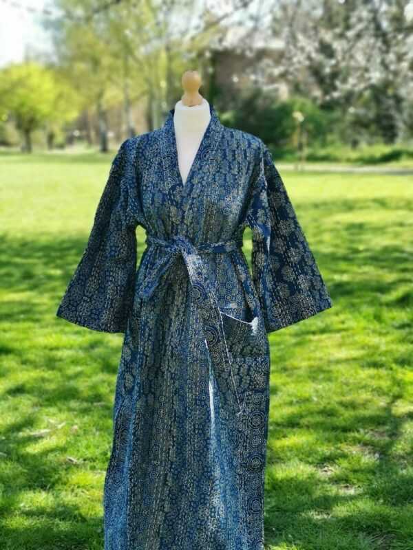 Kantha Cotton Long Ajrakh Reversible Kimono in Indigo Patch