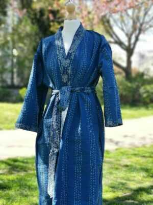 Kantha Cotton Long Ajrakh Reversible Kimono in Indigo Patch - Image 7