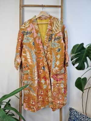 Kantha Cotton Reversible Kimono in Mustard Beige Leaves print - Image 2