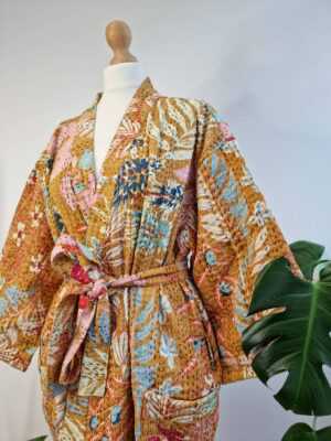 Kantha Cotton Reversible Kimono in Mustard Beige Leaves print - Image 3