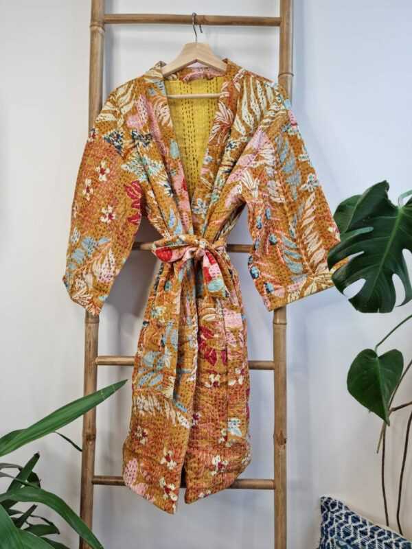Kantha Cotton Reversible Kimono in Mustard Beige Leaves print