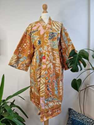 Kantha Cotton Reversible Kimono in Mustard Beige Leaves print - Image 4