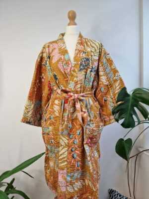 Kantha Cotton Reversible Kimono in Mustard Beige Leaves print - Image 5
