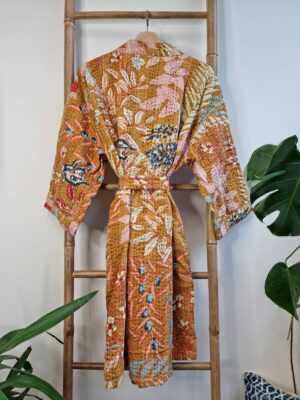 Kantha Cotton Reversible Kimono in Mustard Beige Leaves print - Image 6