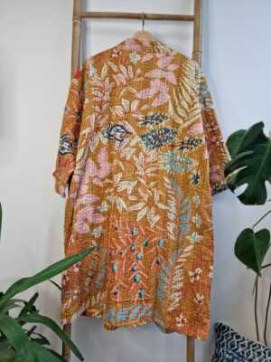 Kantha Cotton Reversible Kimono in Mustard Beige Leaves print - Image 7