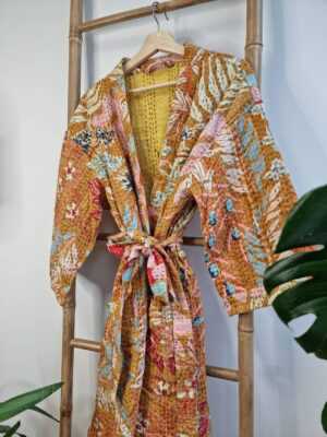 Kantha Cotton Reversible Kimono in Mustard Beige Leaves print - Image 8