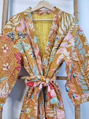 Kantha Cotton Reversible Kimono in Mustard Beige Leaves print - Image 9