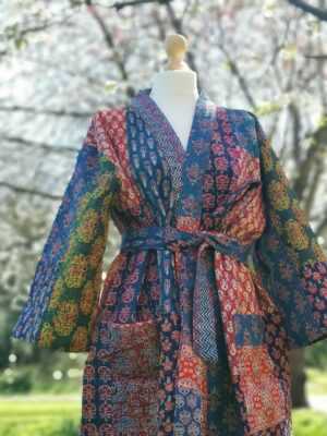 Kantha Ajrakh Cotton Long Reversible Kimono in Majestic Patchwork - Image 2