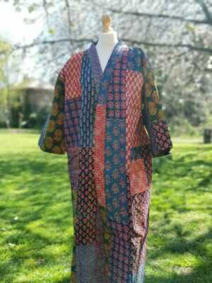 Kantha Ajrakh Cotton Long Reversible Kimono in Majestic Patchwork - Image 4