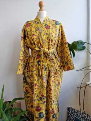 Kantha Cotton Long Reversible Kimono in Burst Botanical Gardenia - Image 2
