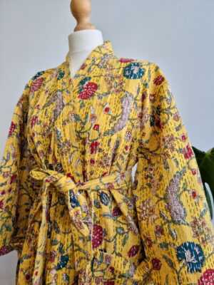 Kantha Cotton Long Reversible Kimono in Burst Botanical Gardenia - Image 3