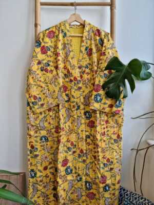 Kantha Cotton Long Reversible Kimono in Burst Botanical Gardenia - Image 4