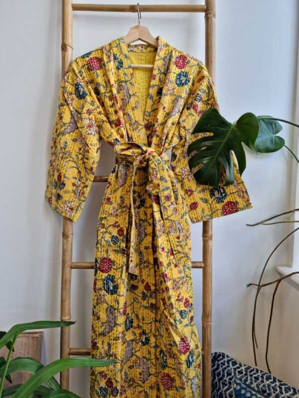 Kantha Cotton Long Reversible Kimono in Burst Botanical Gardenia