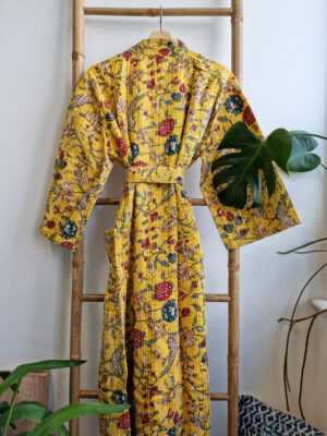Kantha Cotton Long Reversible Kimono in Burst Botanical Gardenia - Image 5