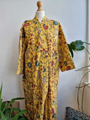 Kantha Cotton Long Reversible Kimono in Burst Botanical Gardenia - Image 7