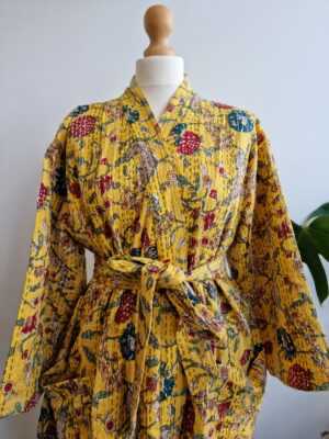 Kantha Cotton Long Reversible Kimono in Burst Botanical Gardenia - Image 8