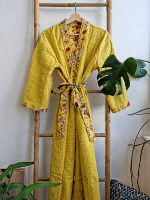 Kantha Cotton Long Reversible Kimono in Burst Botanical Gardenia - Image 9
