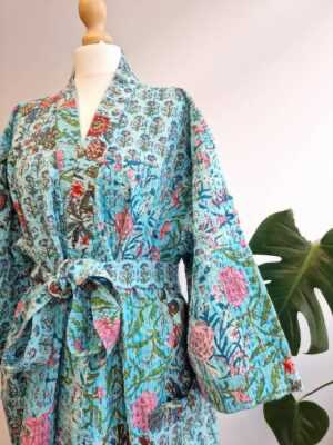 Kantha Patchwork Cotton Reversible Kimon in Turquoise Blossom Garden - Image 2