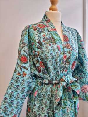 Kantha Patchwork Cotton Reversible Kimon in Turquoise Blossom Garden - Image 3
