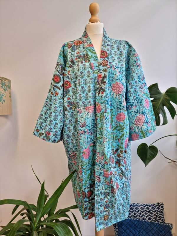 Kantha Patchwork Cotton Reversible Kimon in Turquoise Blossom Garden