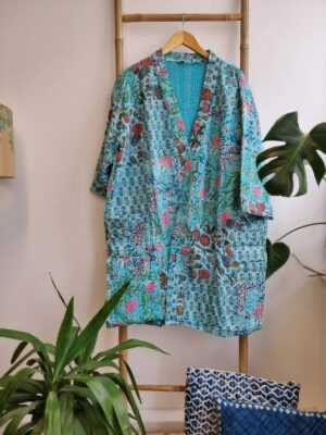 Kantha Patchwork Cotton Reversible Kimon in Turquoise Blossom Garden - Image 5