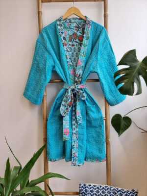 Kantha Patchwork Cotton Reversible Kimon in Turquoise Blossom Garden - Image 7