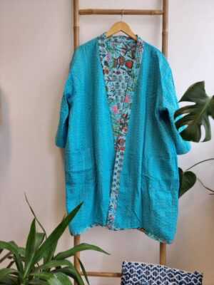 Kantha Patchwork Cotton Reversible Kimon in Turquoise Blossom Garden - Image 8