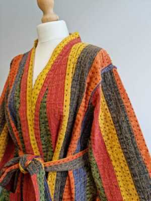 Kantha Unisex Cotton Reversible Kimono in Red Orange Yellow Green Stripes - Image 2