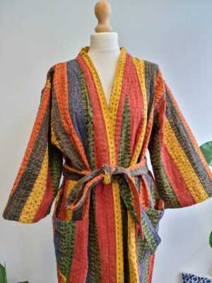 Kantha Unisex Cotton Reversible Kimono in Red Orange Yellow Green Stripes - Image 4
