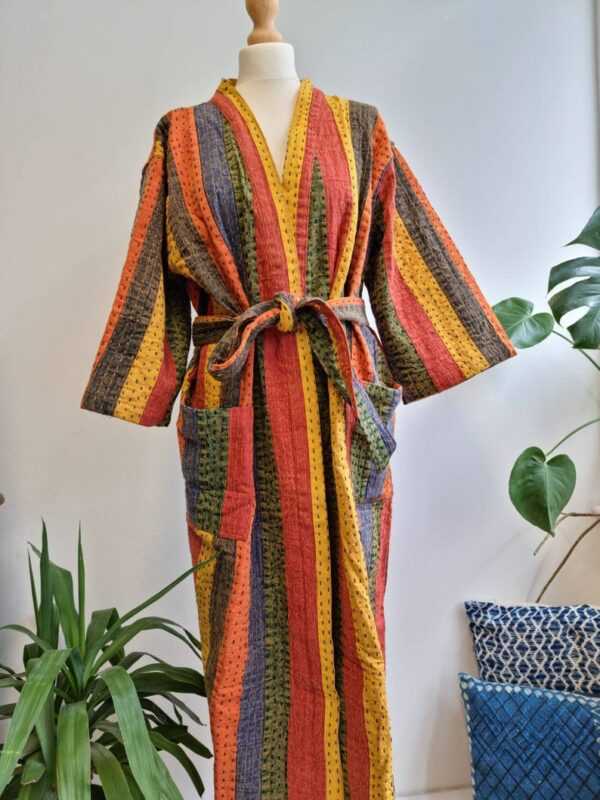 Kantha Unisex Cotton Reversible Kimono in Red Orange Yellow Green Stripes