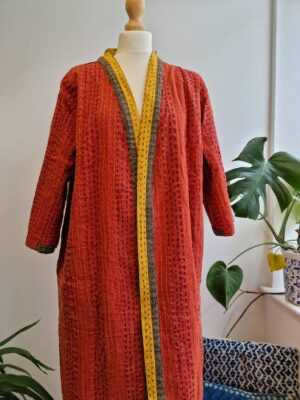 Kantha Unisex Cotton Reversible Kimono in Red Orange Yellow Green Stripes - Image 7