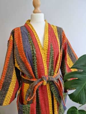 Kantha Unisex Cotton Reversible Kimono in Red Orange Yellow Green Stripes - Image 8