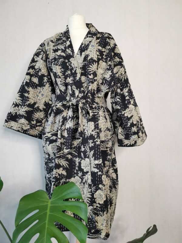 Kantha Cotton Reversible Kimono Jacket Unisex in Black Midnight