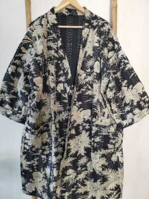 Kantha Cotton Reversible Kimono Jacket Unisex in Black Midnight - Image 5