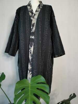 Kantha Cotton Reversible Kimono Jacket Unisex in Black Midnight - Image 6