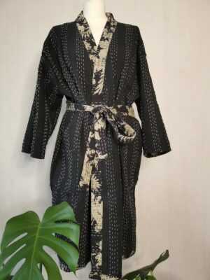 Kantha Cotton Reversible Kimono Jacket Unisex in Black Midnight - Image 7