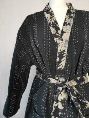Kantha Cotton Reversible Kimono Jacket Unisex in Black Midnight - Image 8