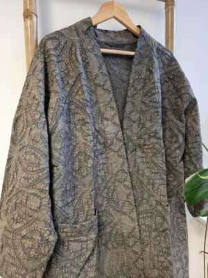 Applique Cotton Knee Length Reversible Kimono in Brown & Grey - Image 2
