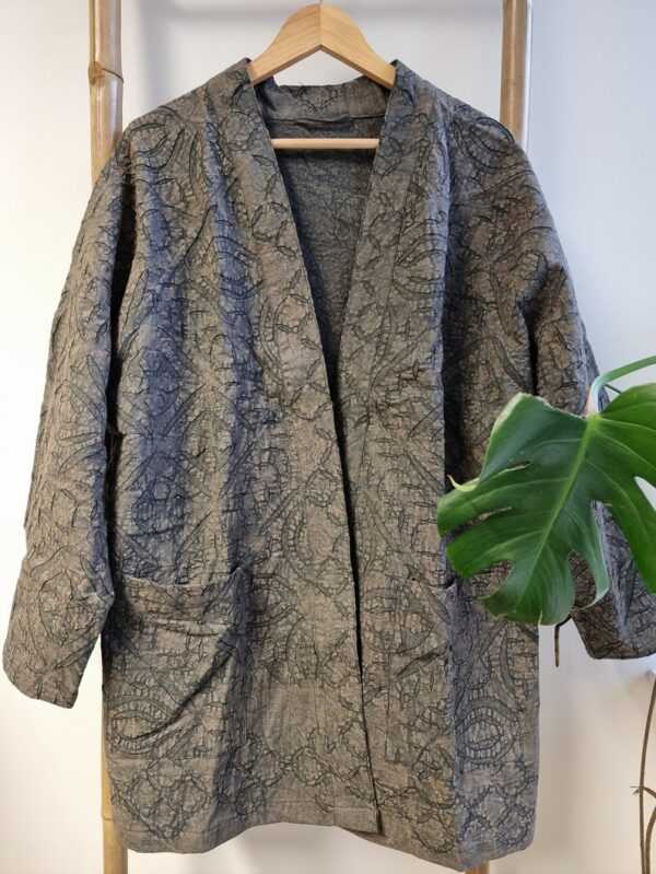 Applique Cotton Knee Length Reversible Kimono in Brown & Grey