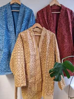 Applique Cotton Knee Length Reversible Kimono in Brown & Grey - Image 7