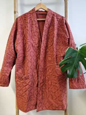 Applique Cotton Knee Length Reversible Kimono in Autumn Burnt Brick Orange - Image 2