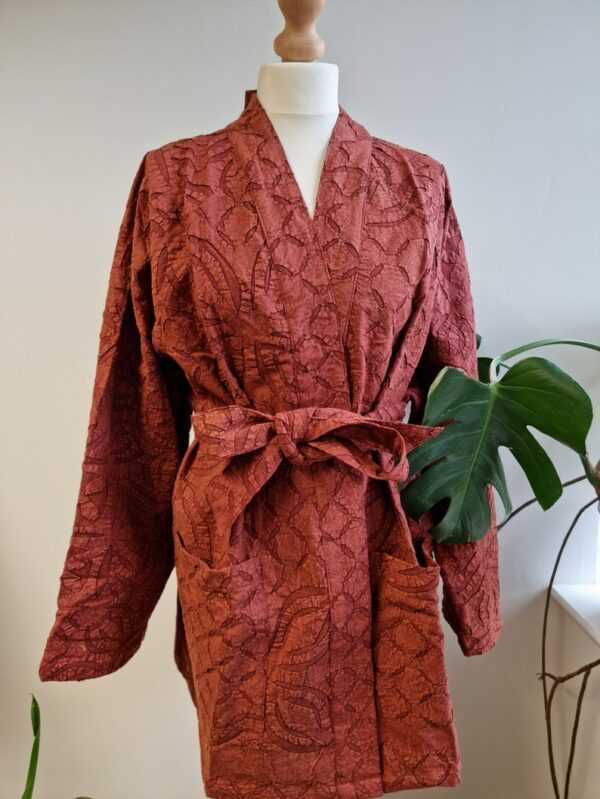 Applique Cotton Knee Length Reversible Kimono in Autumn Burnt Brick Orange