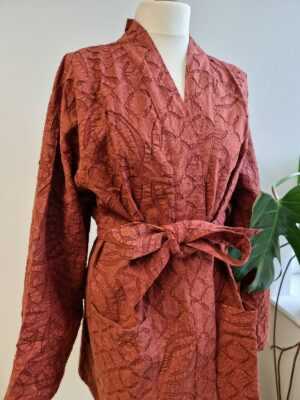Applique Cotton Knee Length Reversible Kimono in Autumn Burnt Brick Orange - Image 4
