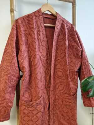 Applique Cotton Knee Length Reversible Kimono in Autumn Burnt Brick Orange - Image 5