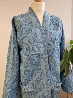 Applique Cotton Knee Length Reversible Kimono in Elegant Pastel Blue Sky - Image 3