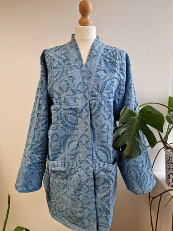 Applique Cotton Knee Length Reversible Kimono in Elegant Pastel Blue Sky