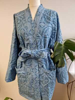 Applique Cotton Knee Length Reversible Kimono in Elegant Pastel Blue Sky - Image 4